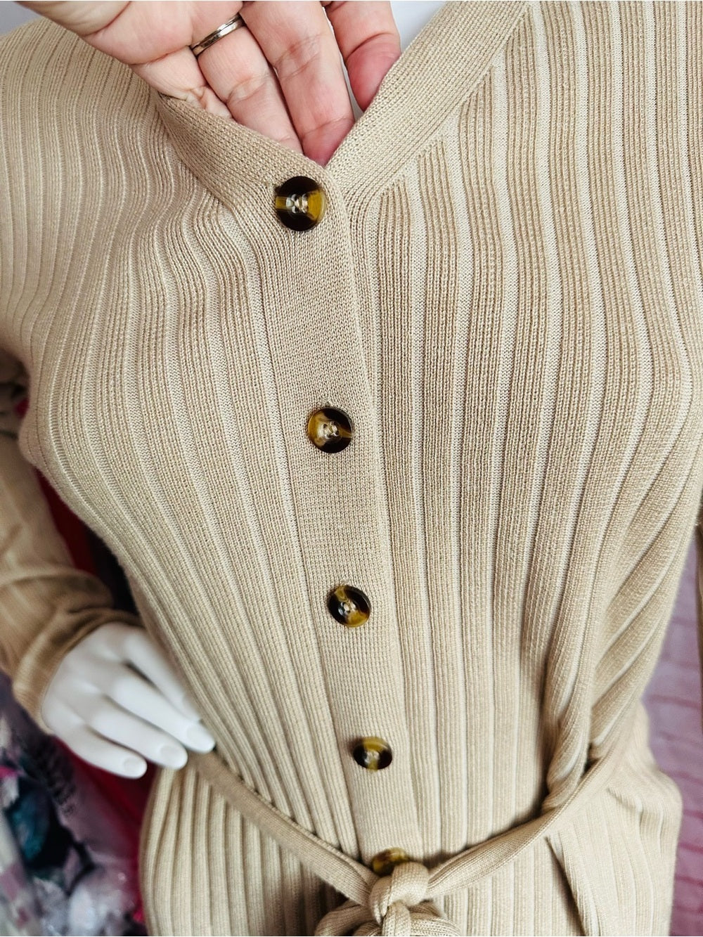 Lark + Grey Tan Ribbed Knit Button Front Belted Sweater Dress