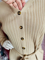 Lark + Grey Tan Ribbed Knit Button Front Belted Sweater Dress