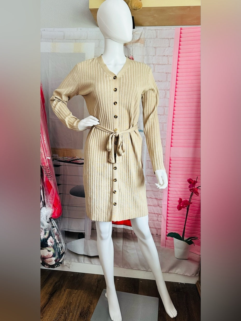 Lark + Grey Tan Ribbed Knit Button Front Belted Sweater Dress