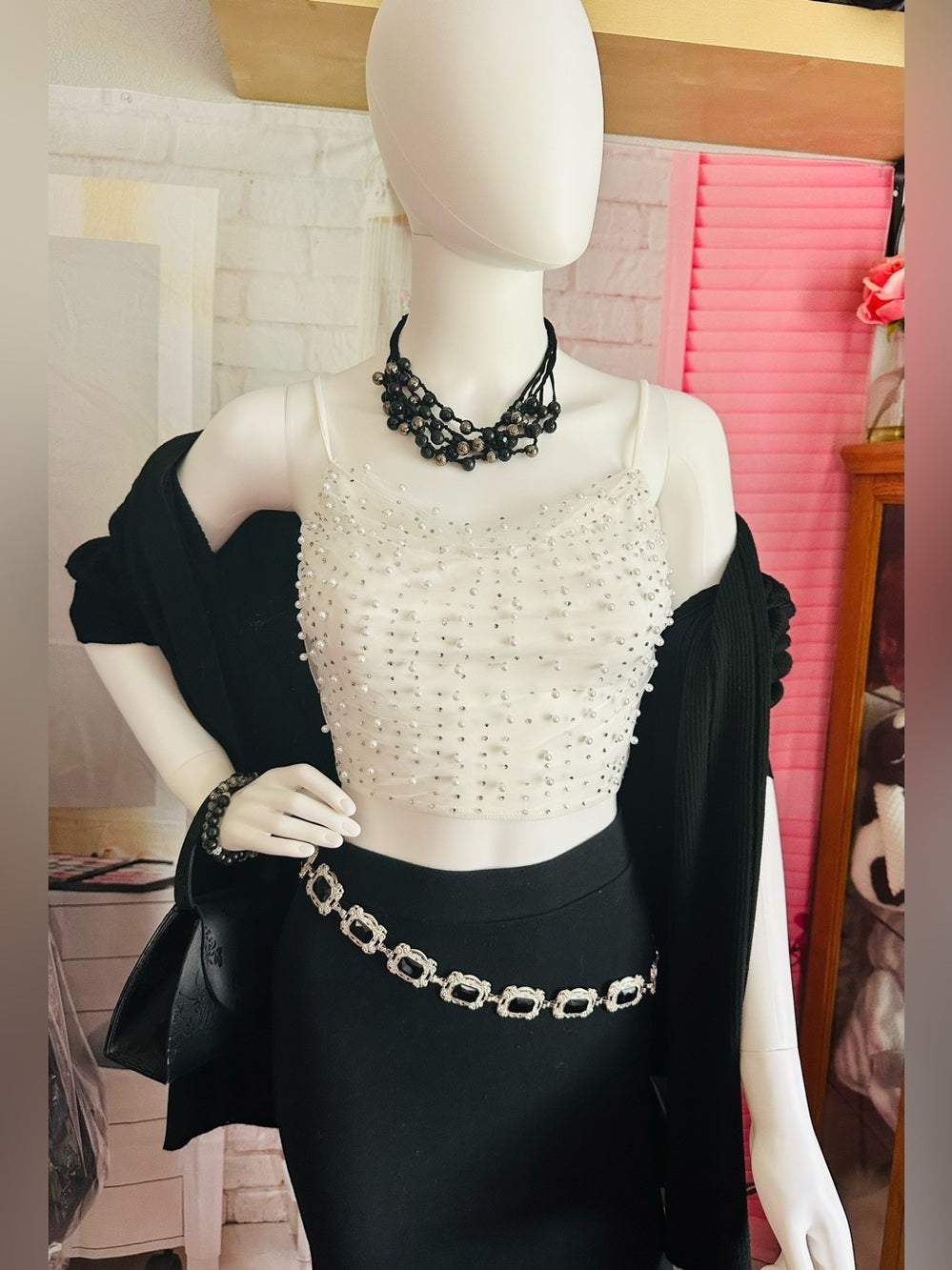 Windsor White Faux Pearl Rhinestone Embellished Crop Top