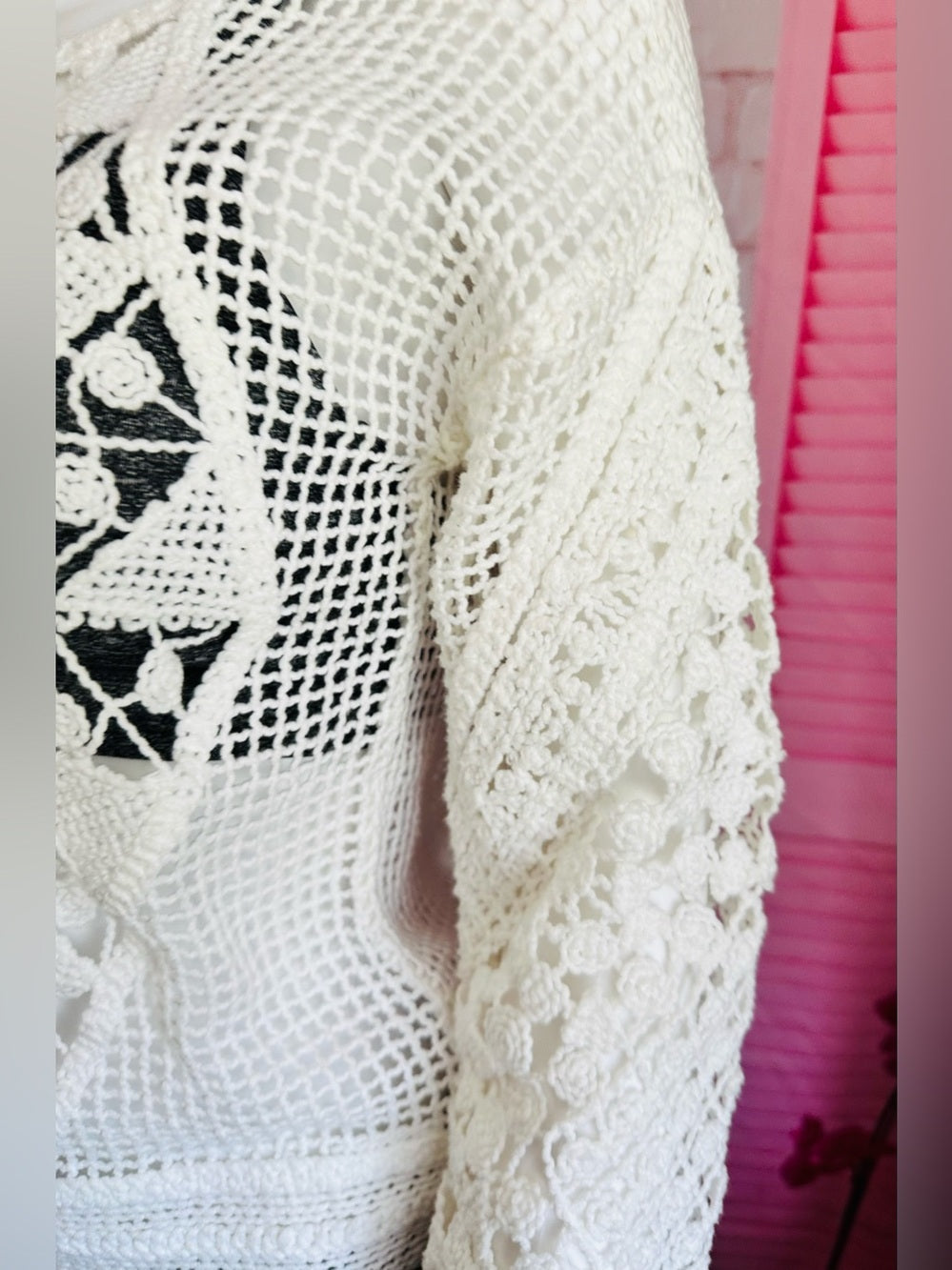 Ella Moss White Open Knit Crochet Boho Long Sleeve Sweater