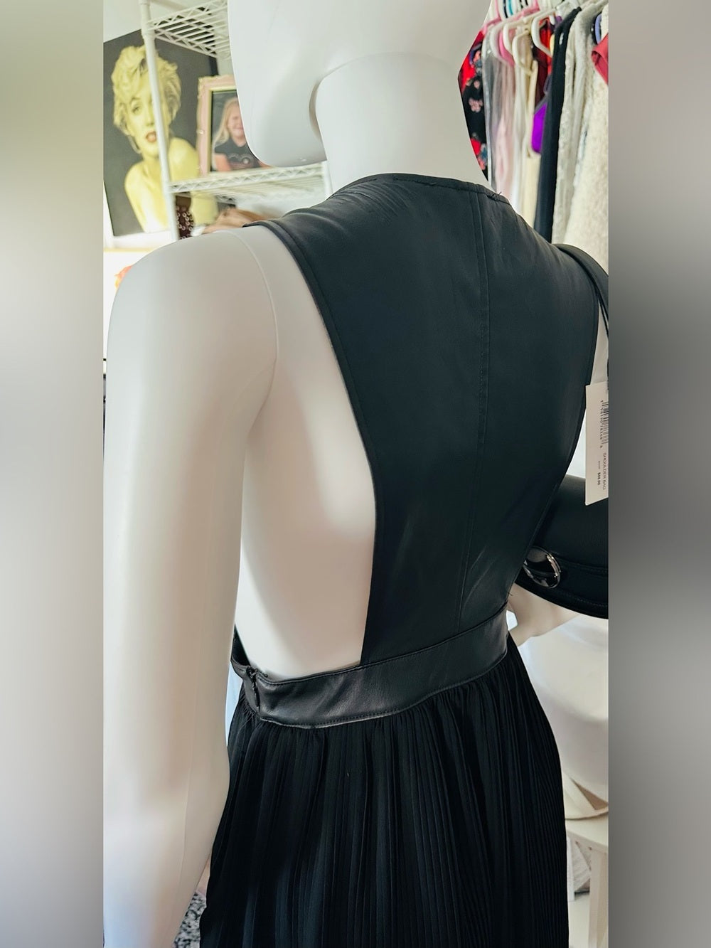 Forever 21 Black Faux Leather Plunge Pleated Mini Dress