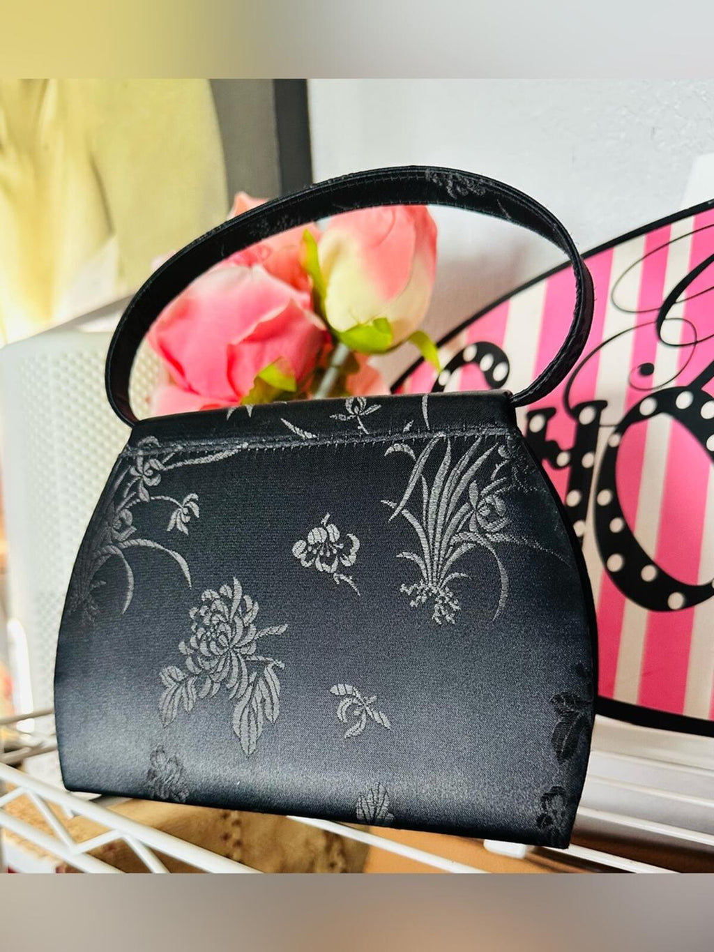 Vintage Y2K Satin Jacquard Floral Print Evening Bag