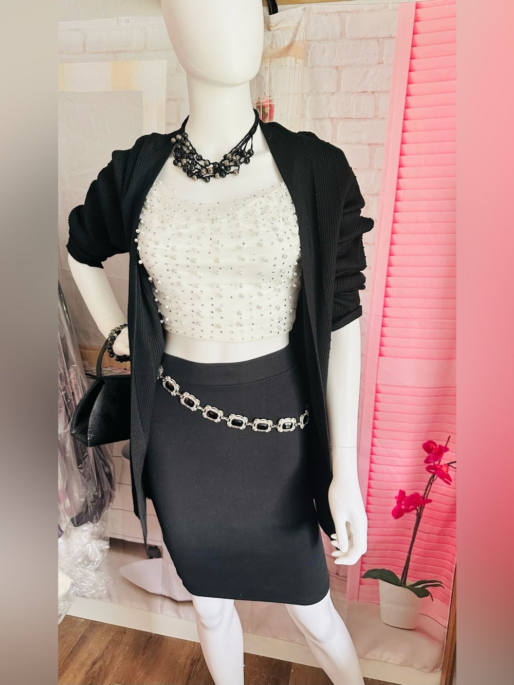 Windsor White Faux Pearl Rhinestone Embellished Crop Top