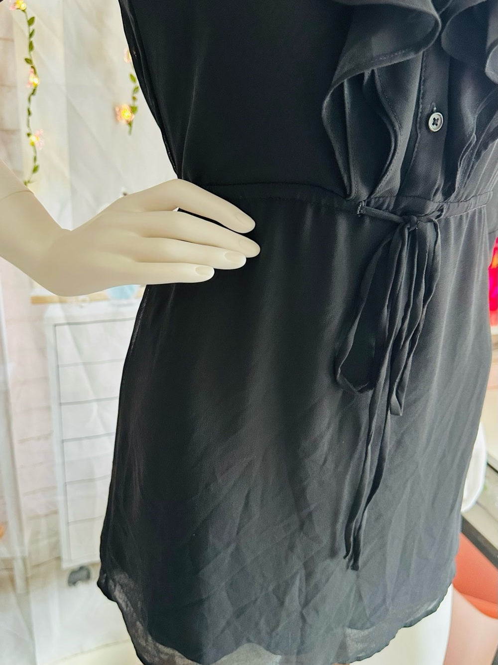 H&M Black Ruffle Tunic Mini Dress Sheer Sleeve Tie Waist