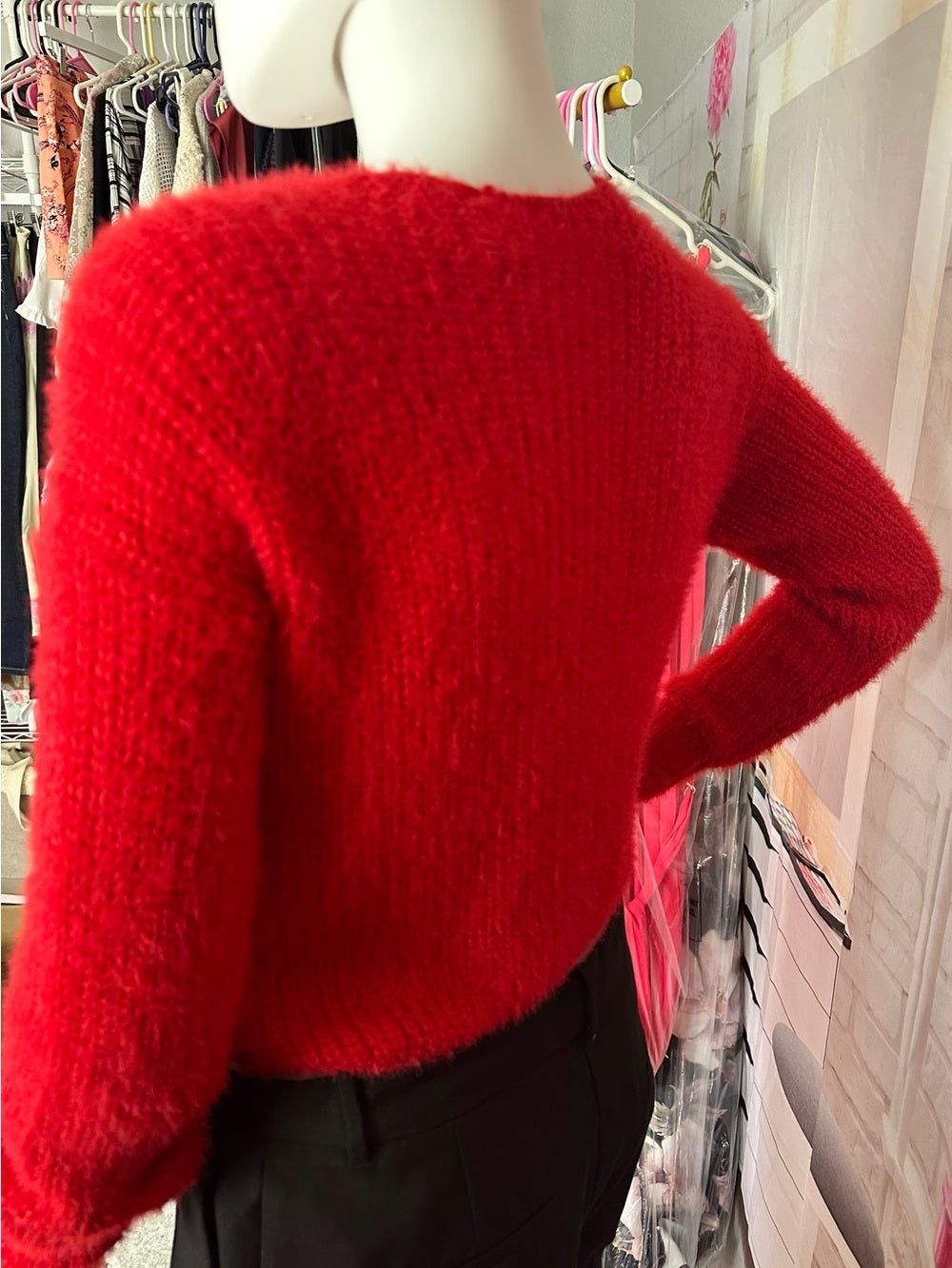 No Boundaries Red Fuzzy Pearl Embellished Twist Front Sweater