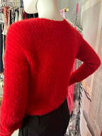 No Boundaries Red Fuzzy Pearl Embellished Twist Front Sweater