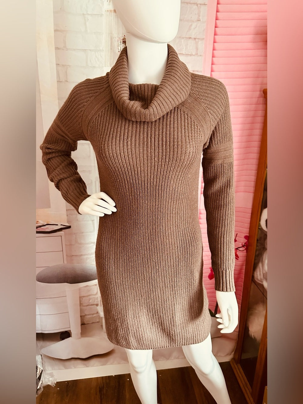 Say What? Brown Cowl Neck Ribbed Sweater Dress