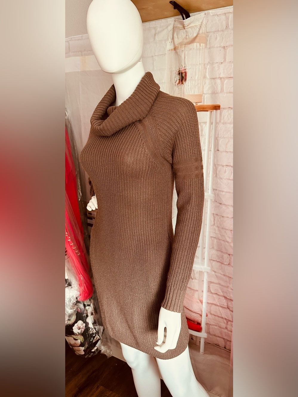 Say What? Brown Cowl Neck Ribbed Sweater Dress