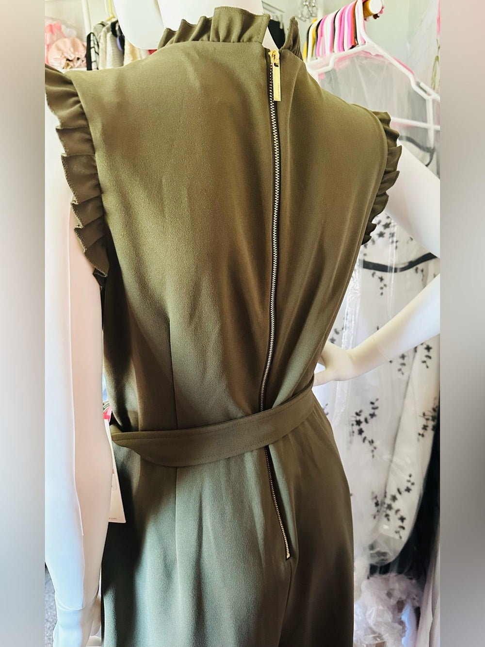 Calvin Klein Olive Green Ruffle Wide Leg Belted Jumpsuit