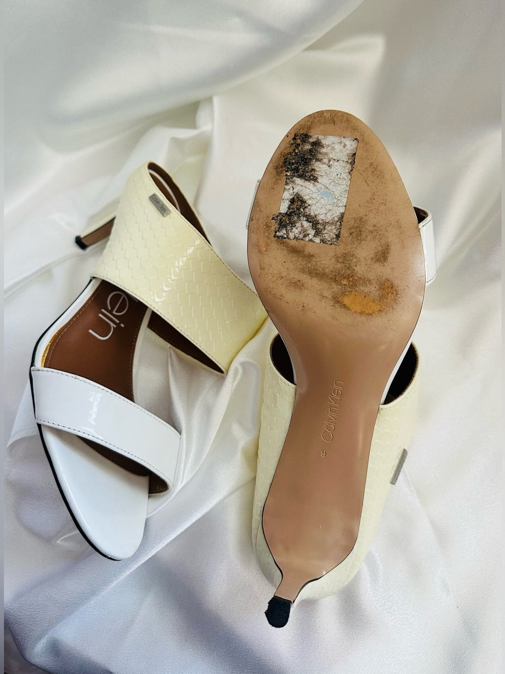 Calvin Klein Ivory and Cream Double-Band Slide Heeled Mules