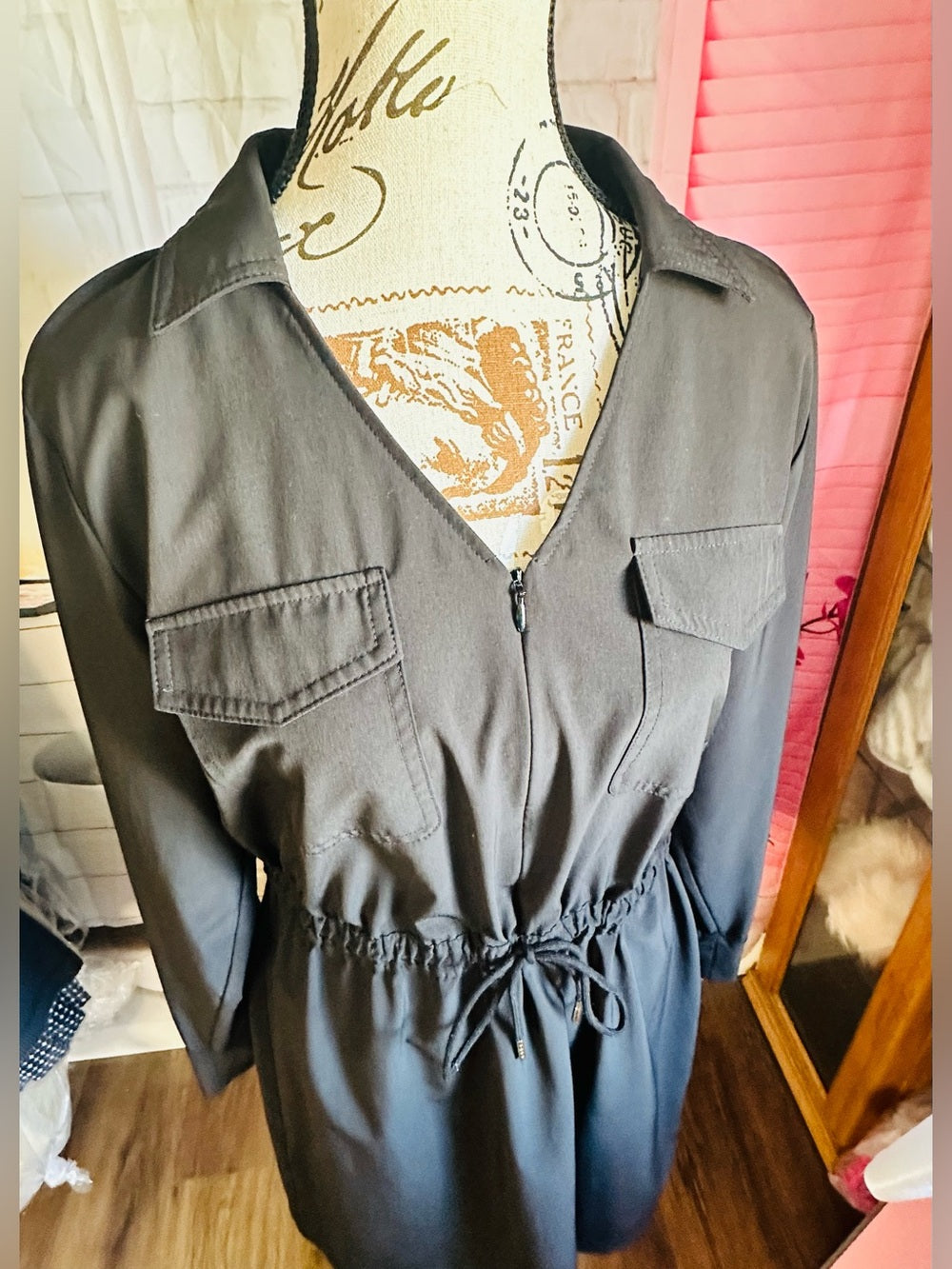 Calvin Klein Black Long-Sleeve Drawstring Shirt Dress