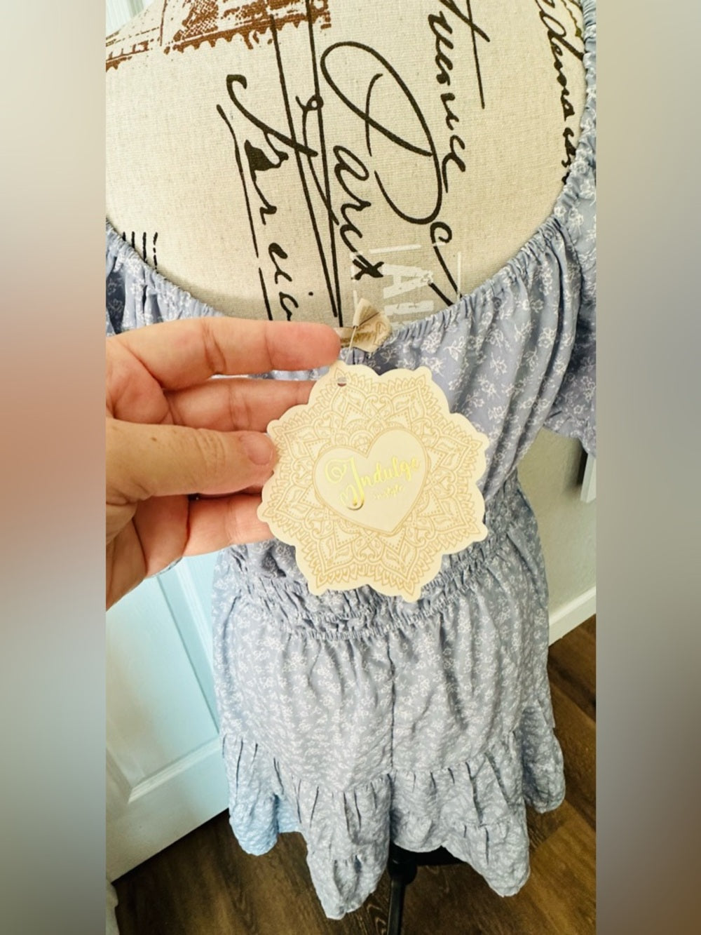 indulge Light Blue Floral Smocked Waist Off-Shoulder Dress