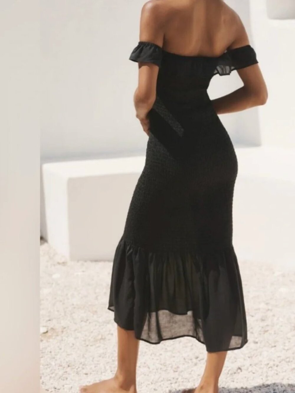 Anthropologie Black Smocked Ruffle Off-Shoulder Dress