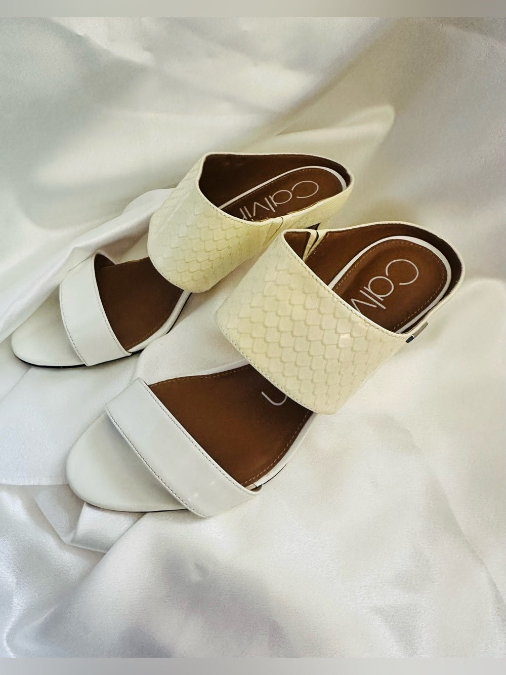 Calvin Klein Ivory and Cream Double-Band Slide Heeled Mules