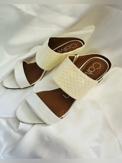 Calvin Klein Ivory and Cream Double-Band Slide Heeled Mules