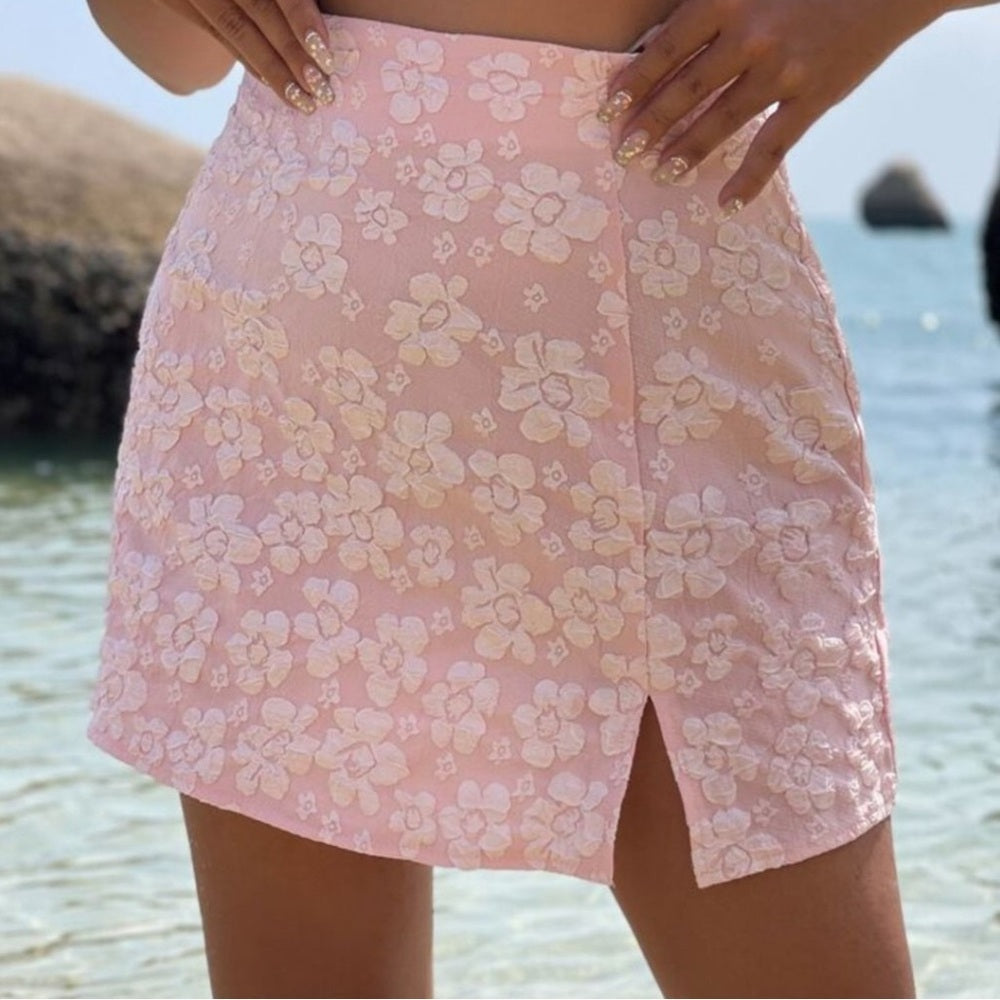Floral Brocade Pink Mini Skirt