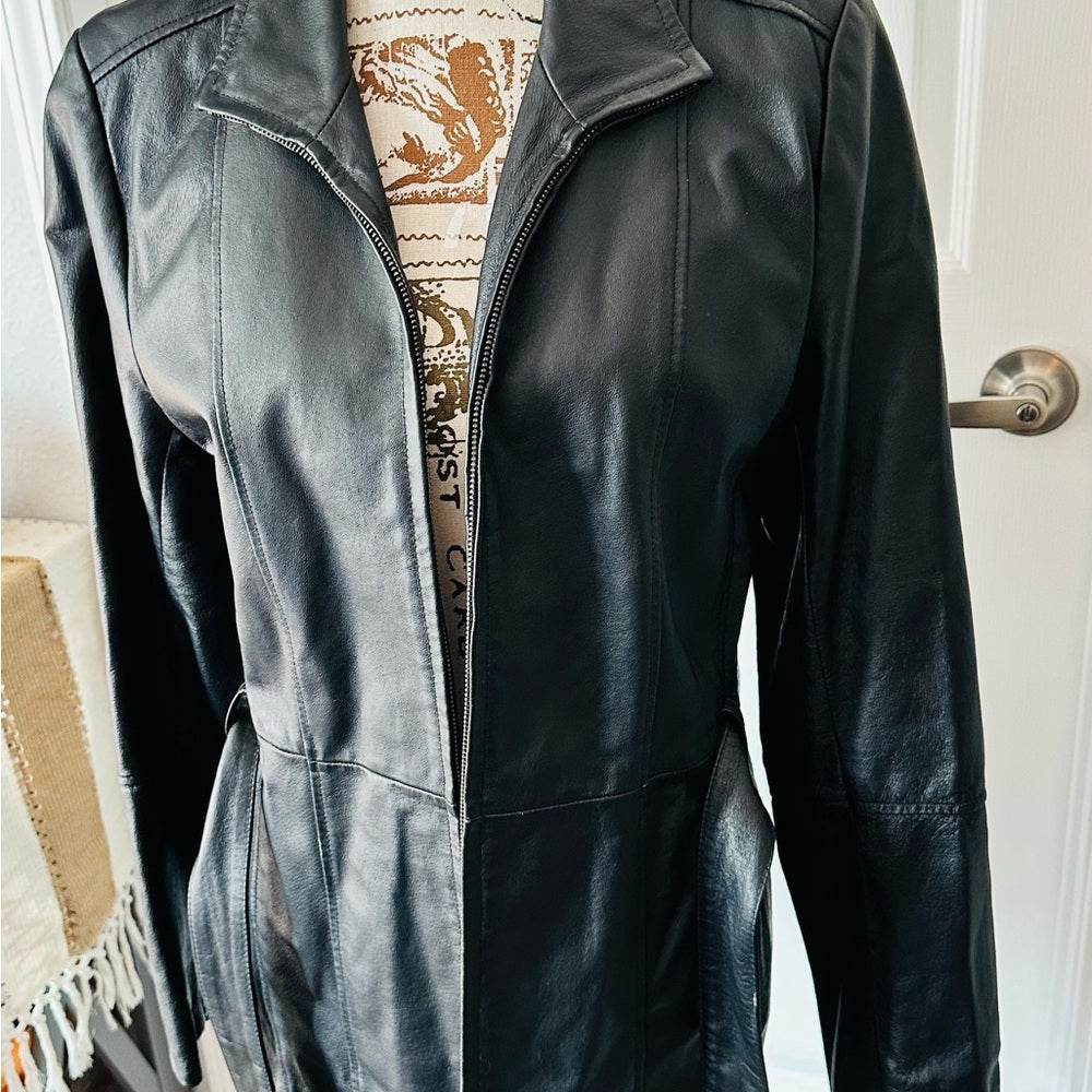 Women's Black Leather Belted Jacket