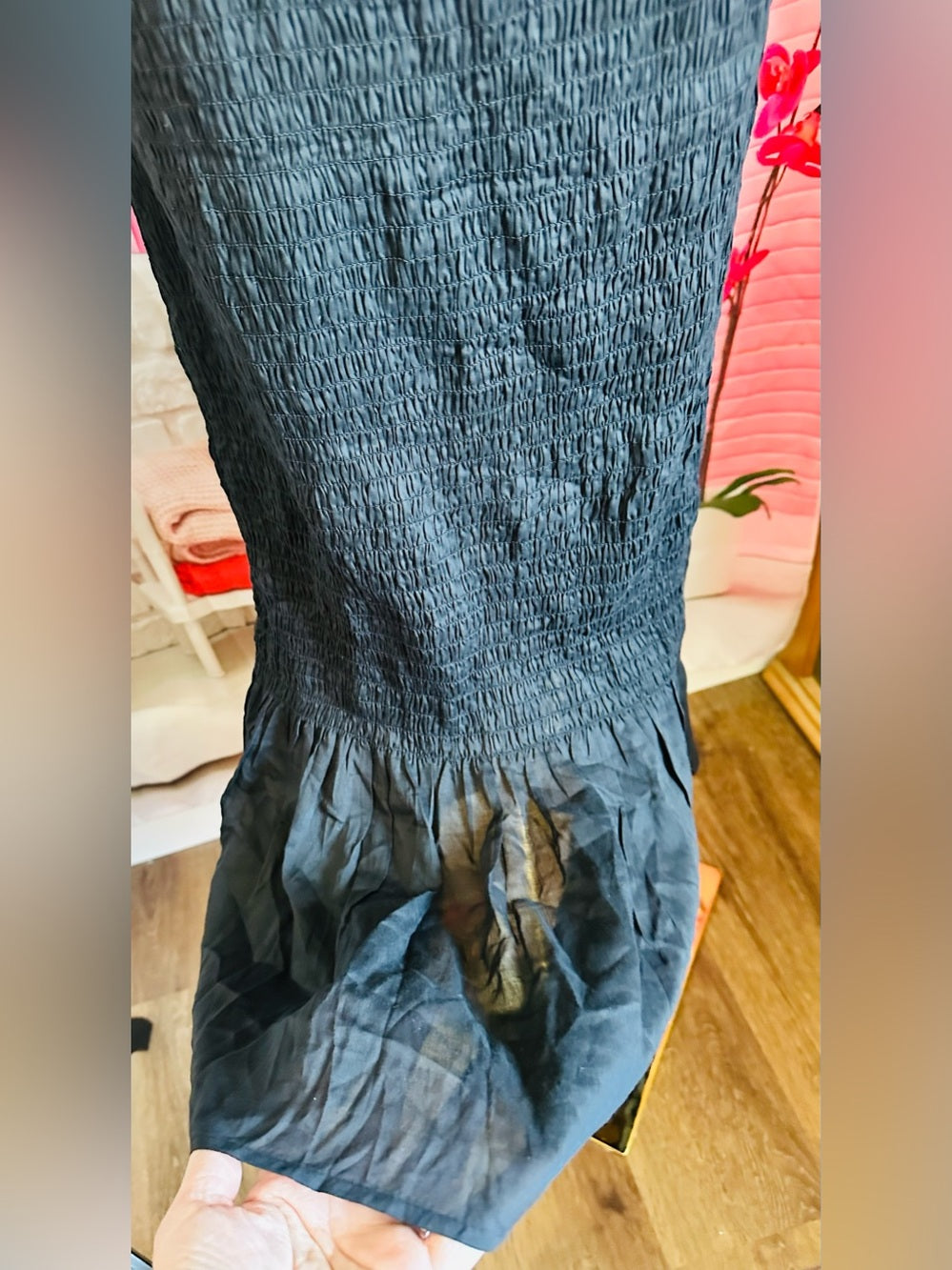 Anthropologie Black Smocked Ruffle Off-Shoulder Dress