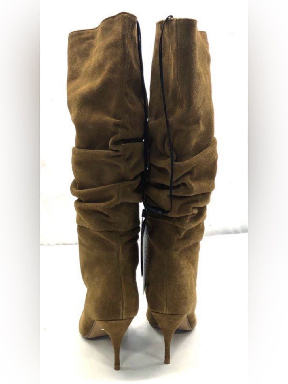 Genuine Suede Slouchy Pointed Toe Heel Boots in Olive Green