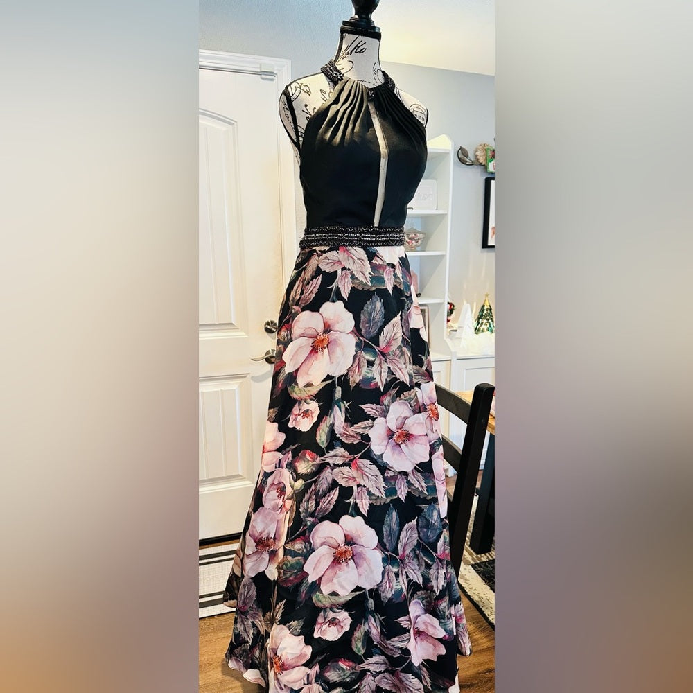 Chic Floral A-Line Party Dress in Black and Pink