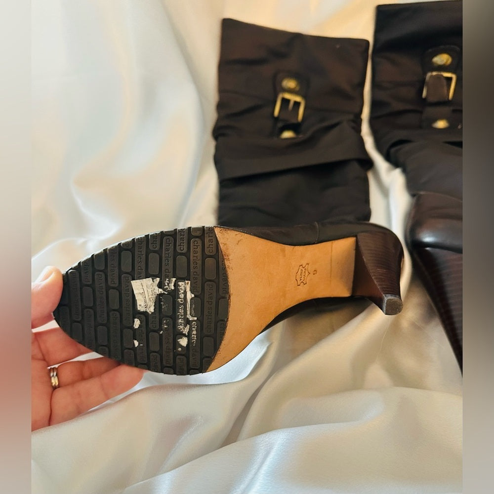 Charles David Brown Heeled Boots with Buckle Detail