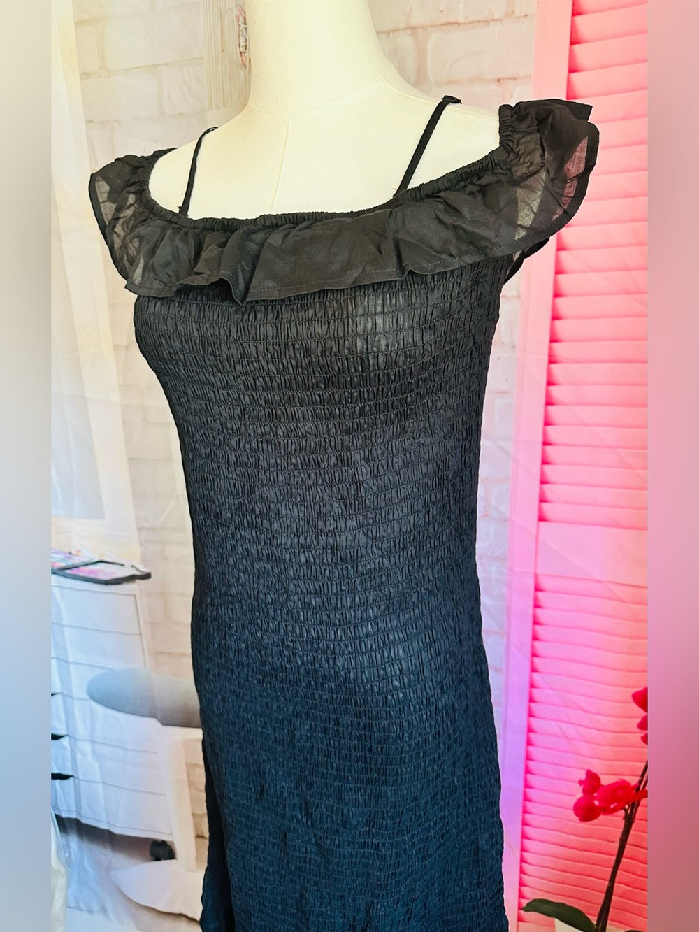 Anthropologie Black Smocked Ruffle Off-Shoulder Dress