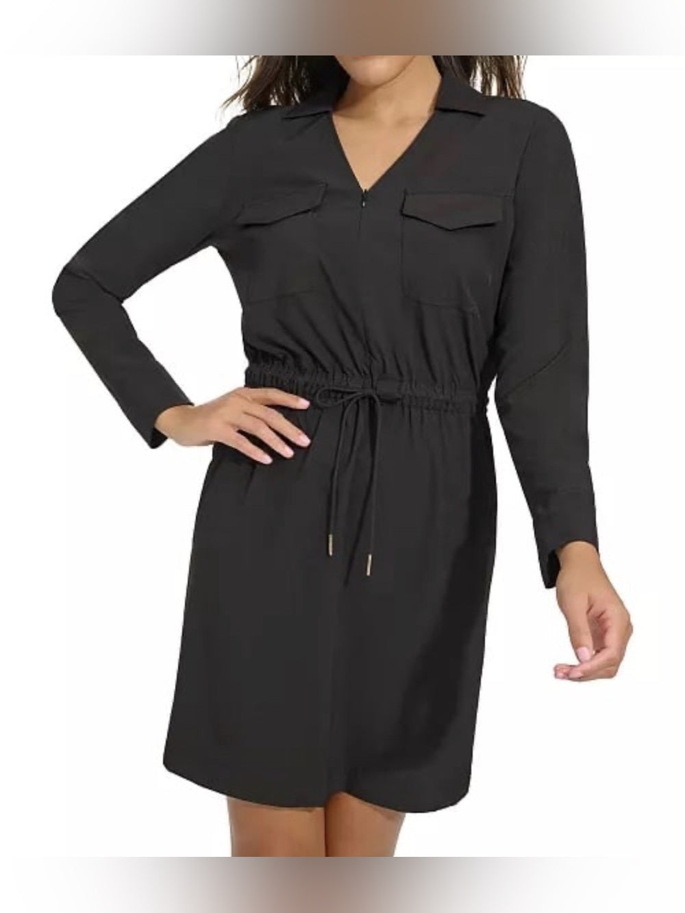 Calvin Klein Black Long-Sleeve Drawstring Shirt Dress