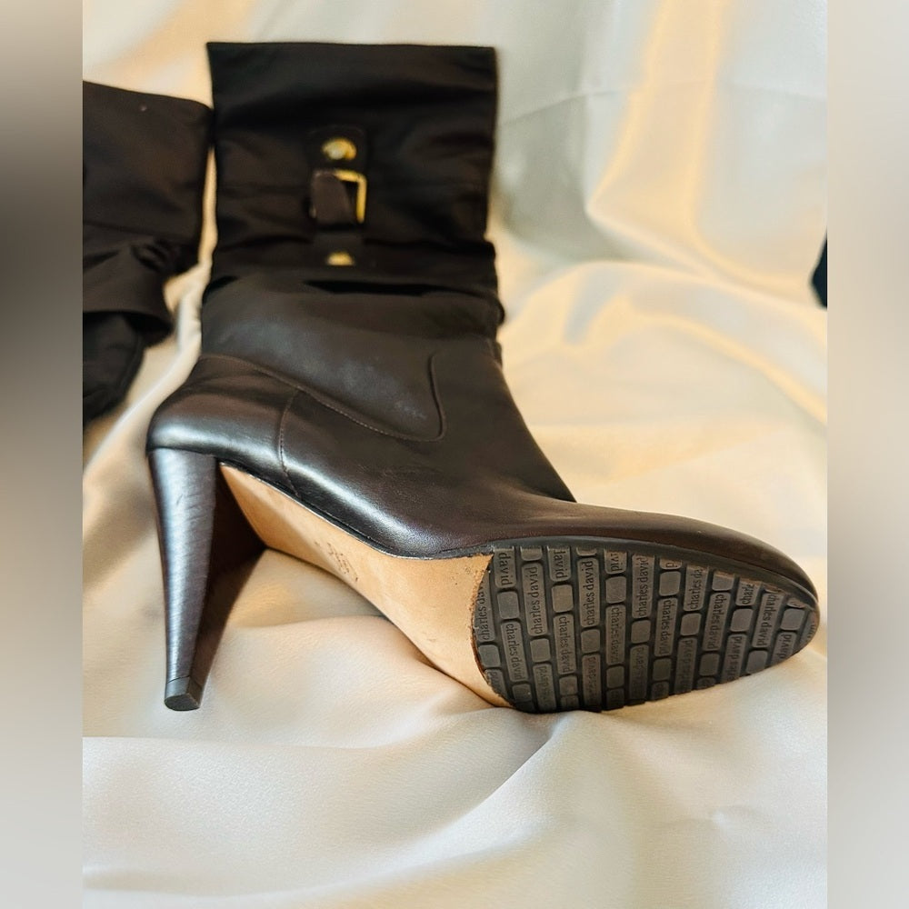 Charles David Brown Heeled Boots with Buckle Detail