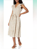 Tommy Hilfiger Beige & White Floral Flutter Sleeve Midi Dress