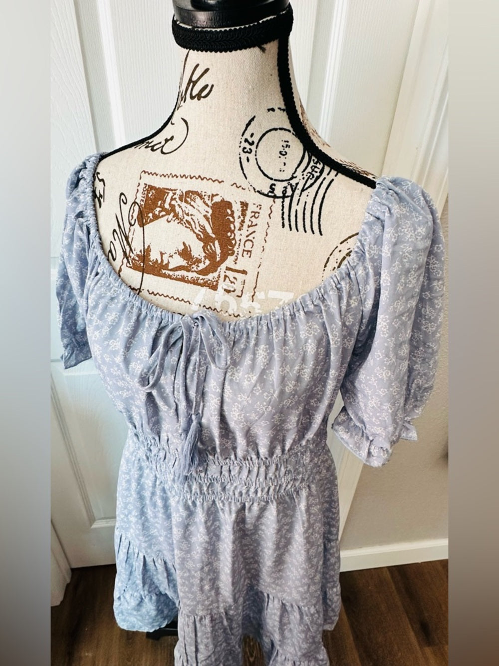 indulge Light Blue Floral Smocked Waist Off-Shoulder Dress