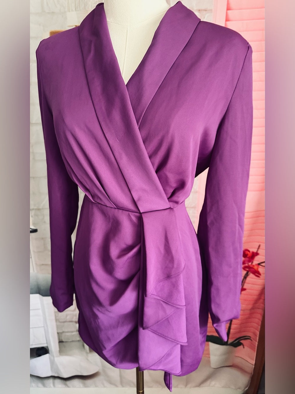 MISHA Long Sleeve Ruffle Wrap Mini Dress—Prism Violet