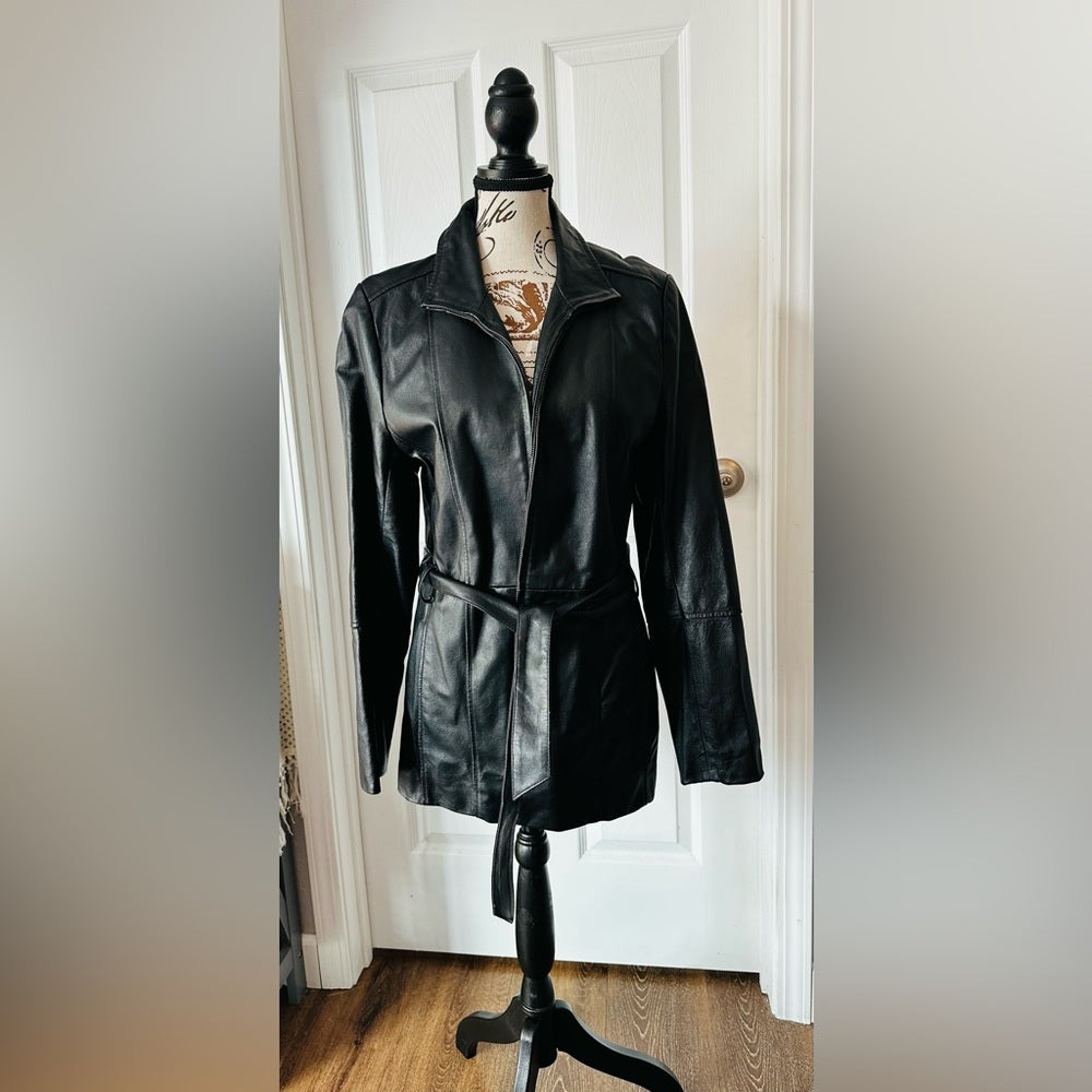 Women's Black Leather Belted Jacket