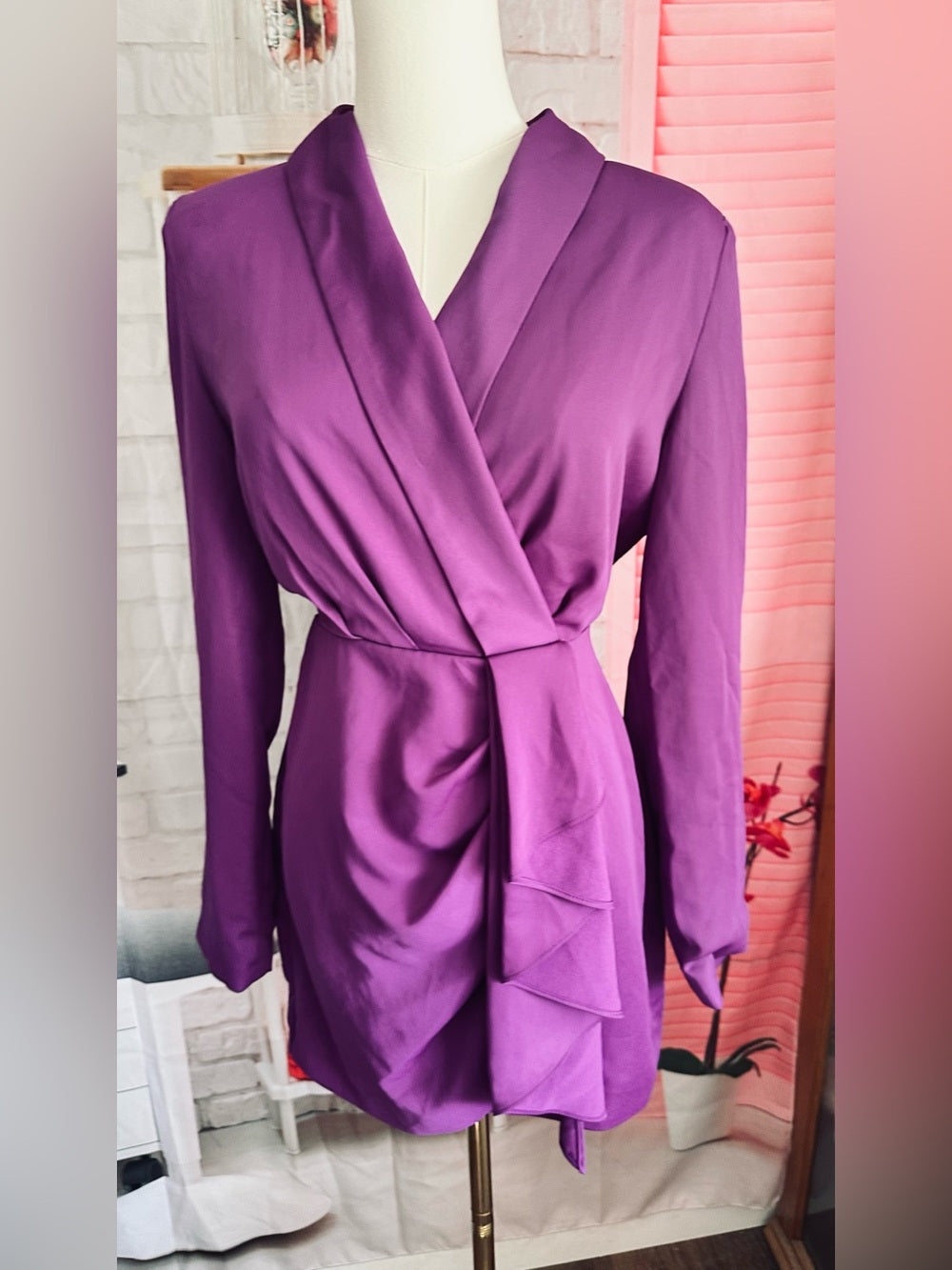 MISHA Long Sleeve Ruffle Wrap Mini Dress—Prism Violet