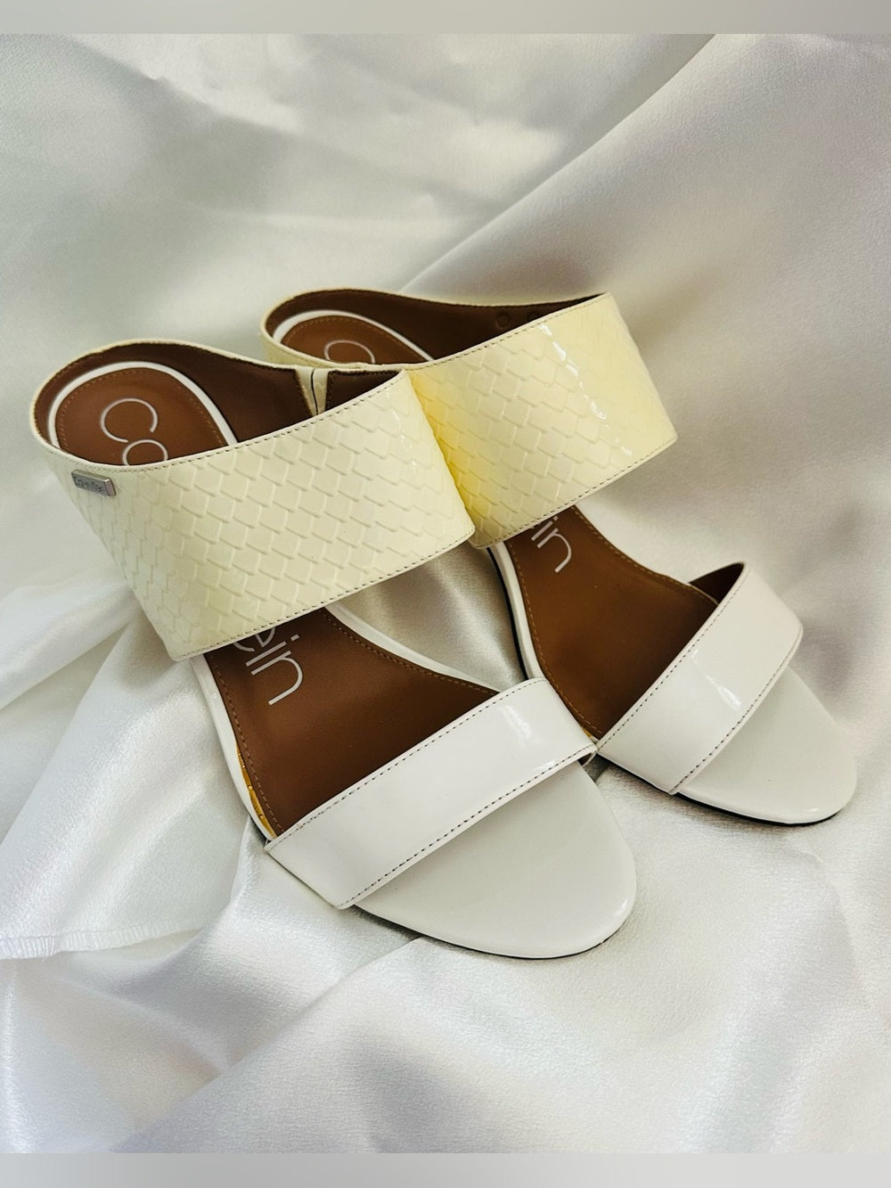 Calvin Klein Ivory and Cream Double-Band Slide Heeled Mules
