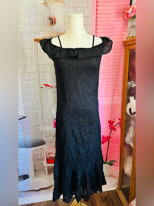 Anthropologie Black Smocked Ruffle Off-Shoulder Dress