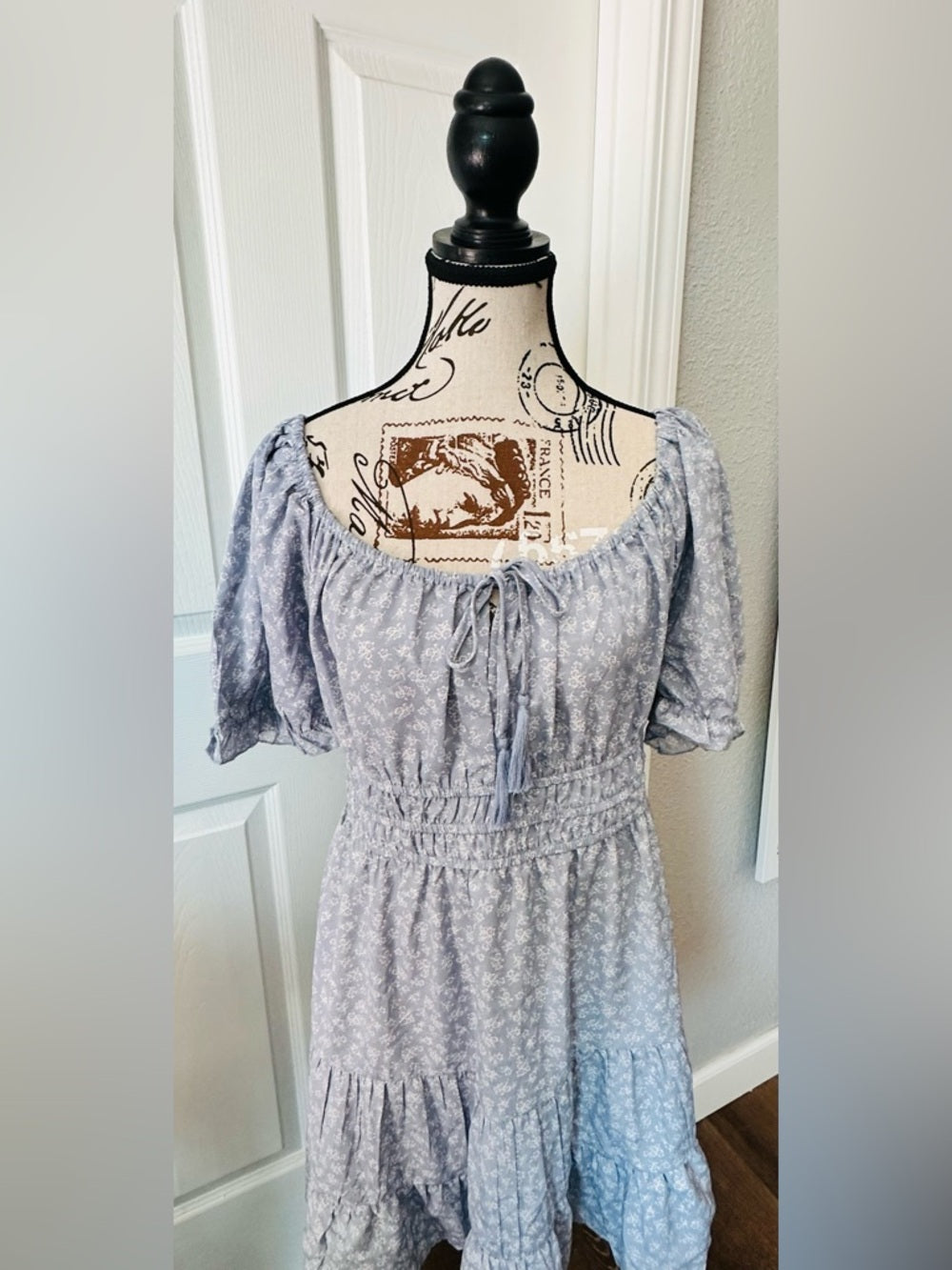 indulge Light Blue Floral Smocked Waist Off-Shoulder Dress
