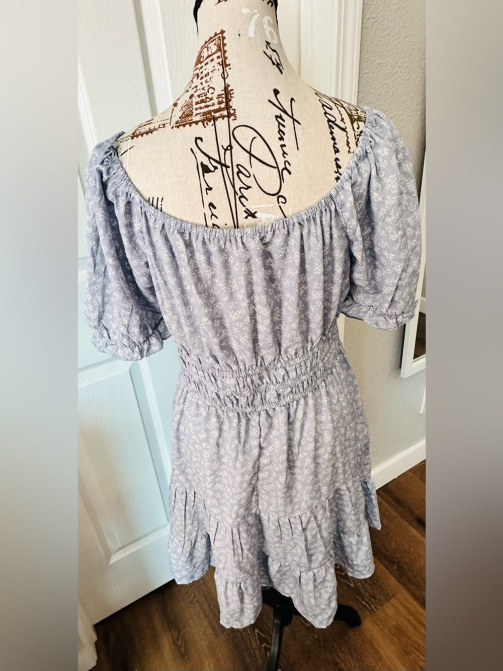 indulge Light Blue Floral Smocked Waist Off-Shoulder Dress