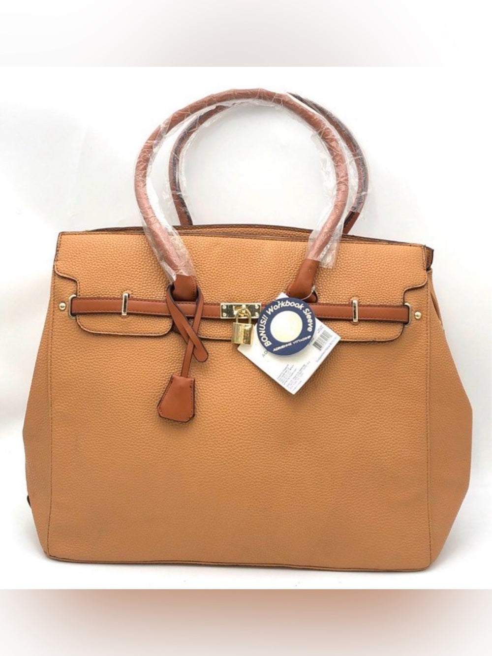 Adrienne Vittadini Natural Pebbled Tote Bag Gold Hardware Workbook Sleeve