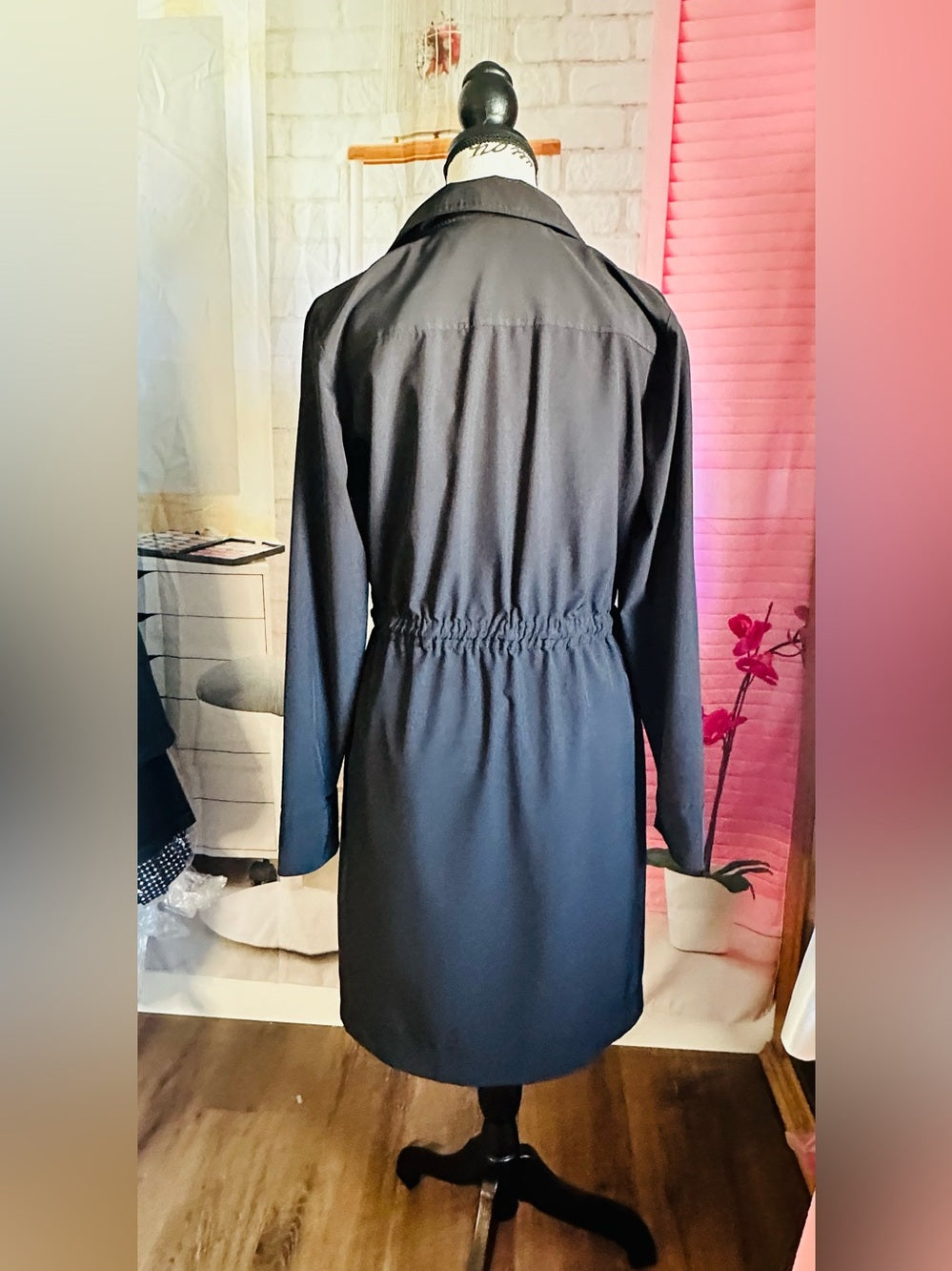 Calvin Klein Black Long-Sleeve Drawstring Shirt Dress