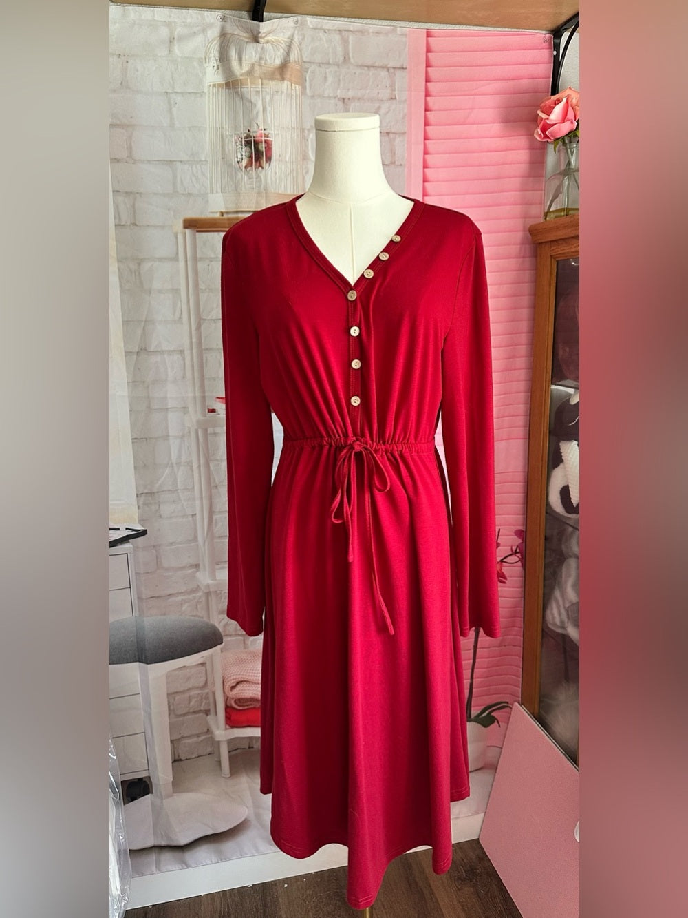 Long Sleeve Casual V-Neck Tunic Shift Midi Dress