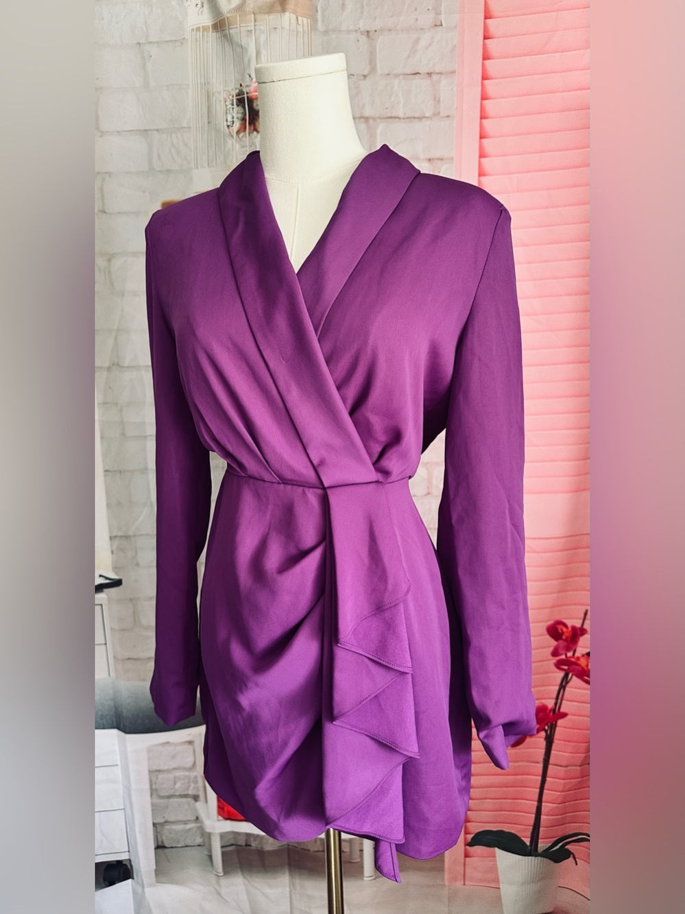 MISHA Long Sleeve Ruffle Wrap Mini Dress—Prism Violet