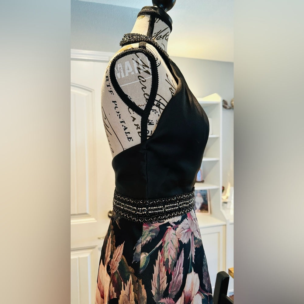 Chic Floral A-Line Party Dress in Black and Pink
