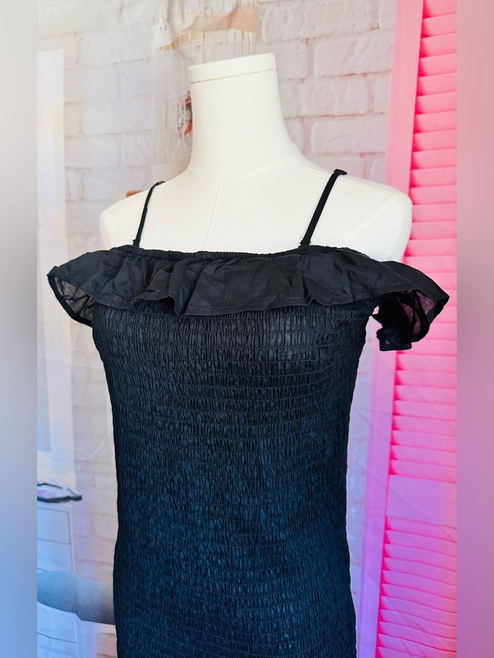 Anthropologie Black Smocked Ruffle Off-Shoulder Dress