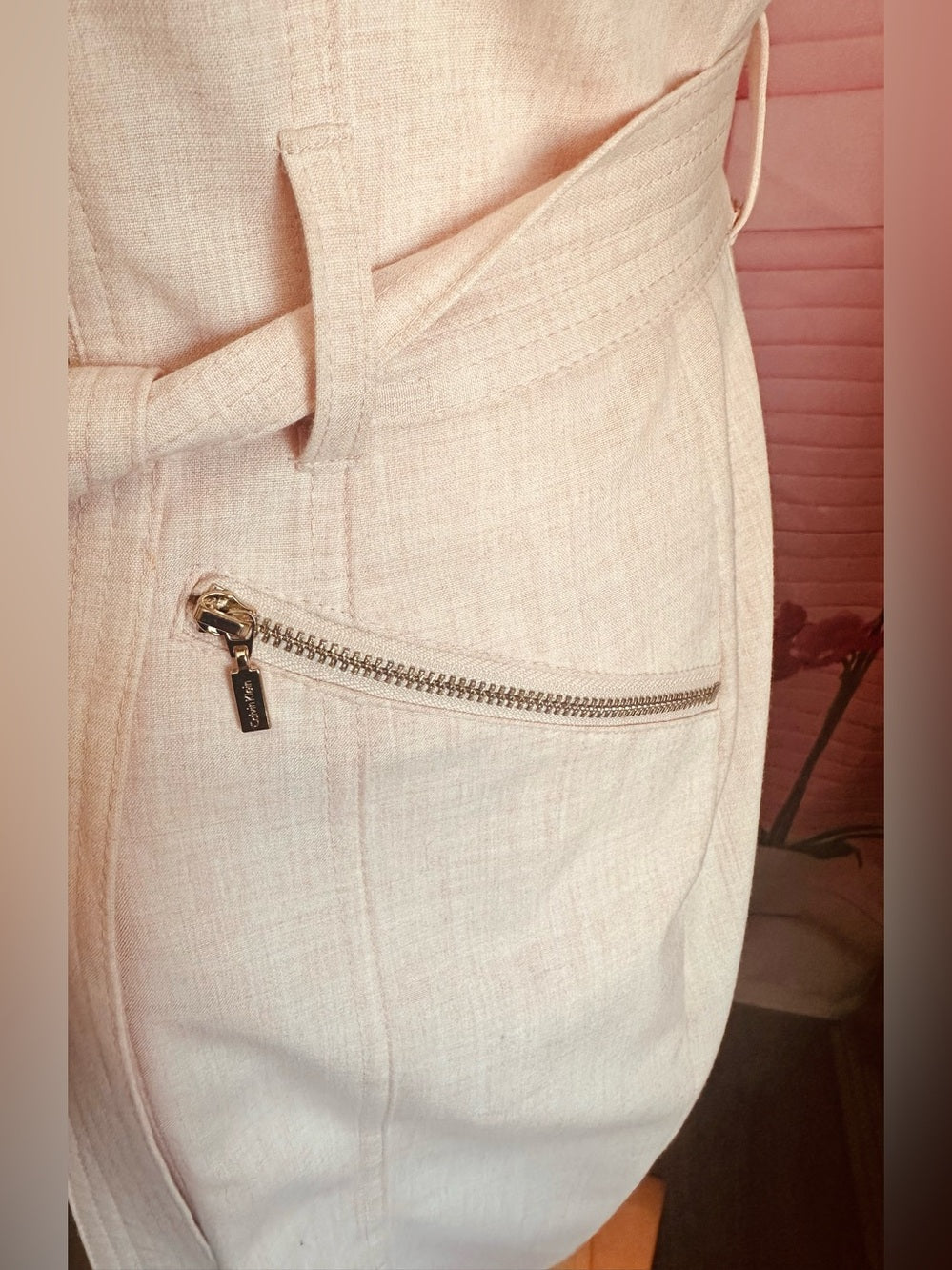 Calvin Klein Blush Pink Sleeveless Moto Zip Front Sheath Dress – Size 10