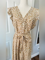 Tommy Hilfiger Beige & White Floral Flutter Sleeve Midi Dress