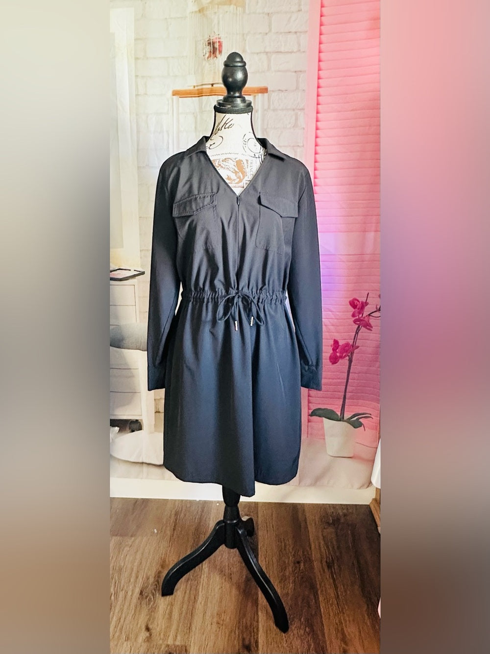Calvin Klein Black Long-Sleeve Drawstring Shirt Dress