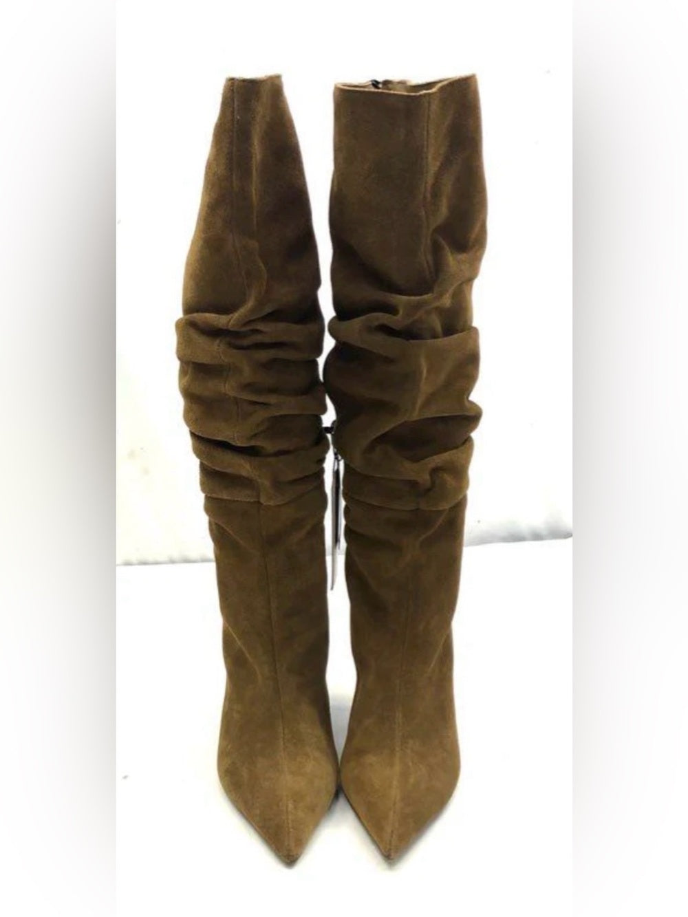 Genuine Suede Slouchy Pointed Toe Heel Boots in Olive Green