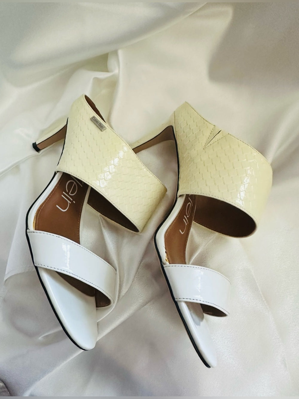 Calvin Klein Ivory and Cream Double-Band Slide Heeled Mules