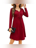 Long Sleeve Casual V-Neck Tunic Shift Midi Dress
